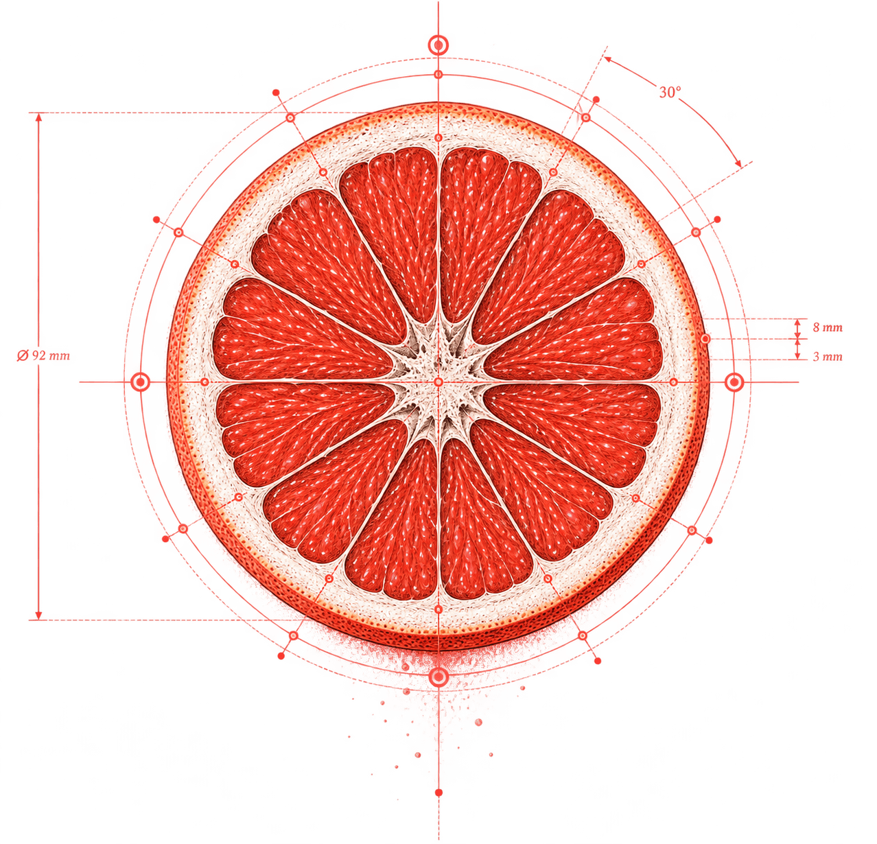 A citrus cross-section used as a construction study, overlaid with radial division lines, concentric boundary circles and measurement ticks