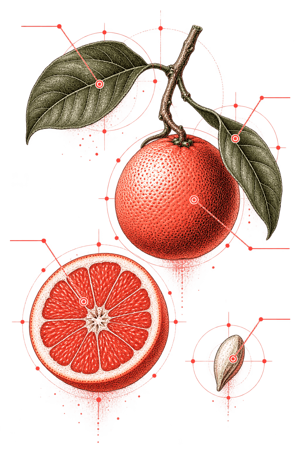 A taxonomic reference plate: branch, whole fruit, cut section, leaves and seed, each marked with a target circle and a leader line running out to a blank rule