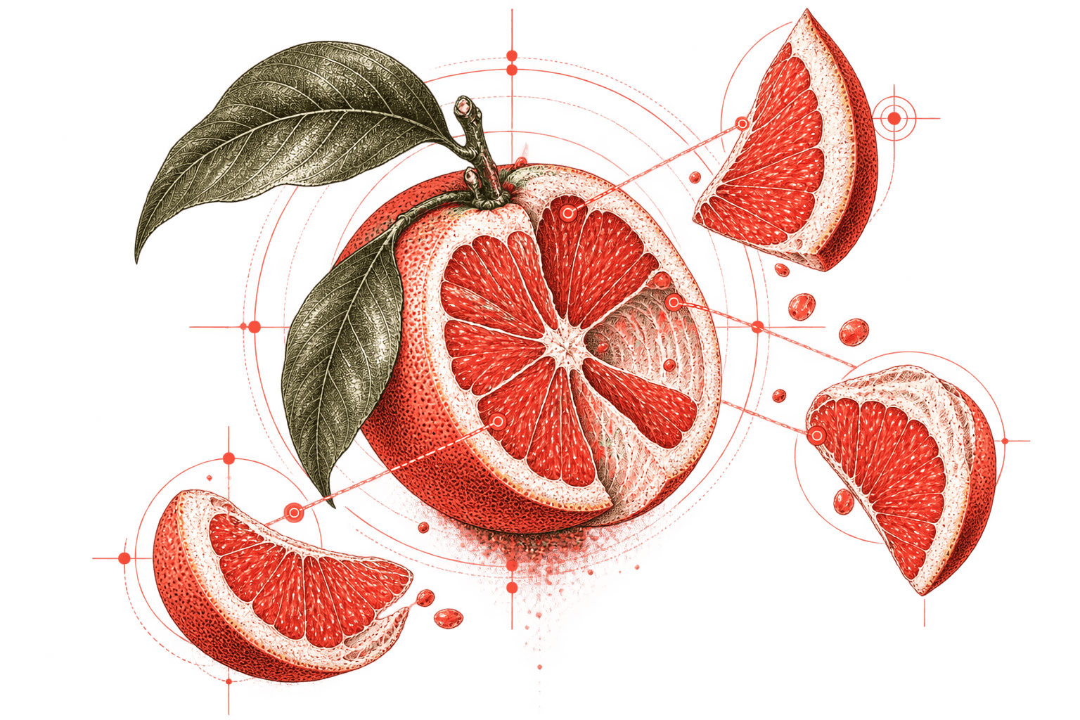 A grapefruit drawn as an exploded technical illustration, wedge segments separated from the body and connected back to their sockets by leader lines