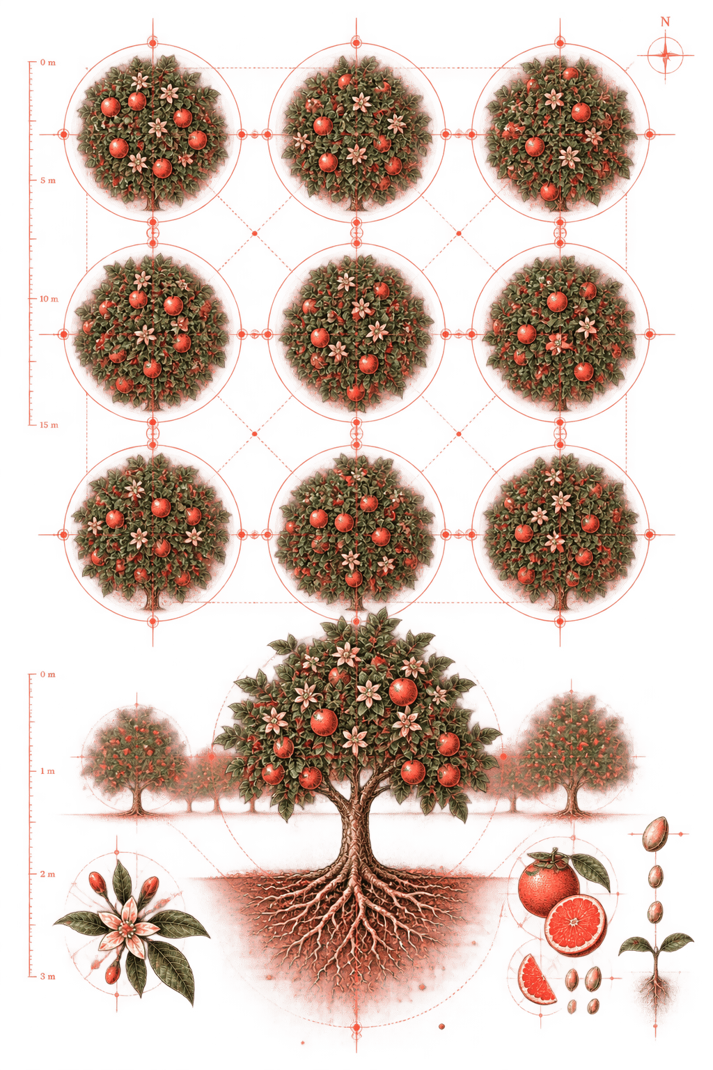 An orchard planting plan: nine tree crowns seen from above on a measured survey grid, with one of the same trees drawn below in elevation with its root system exposed