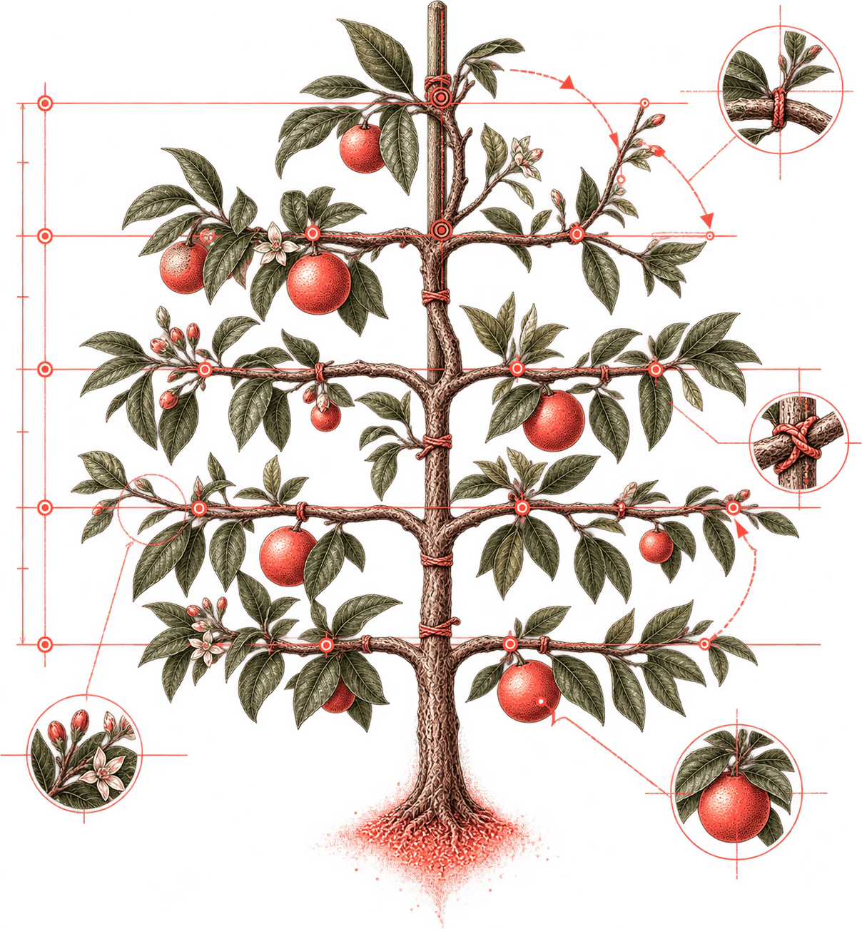 An espalier training diagram: a young citrus tree tied flat to measured horizontal guide lines, two limbs shown mid-correction