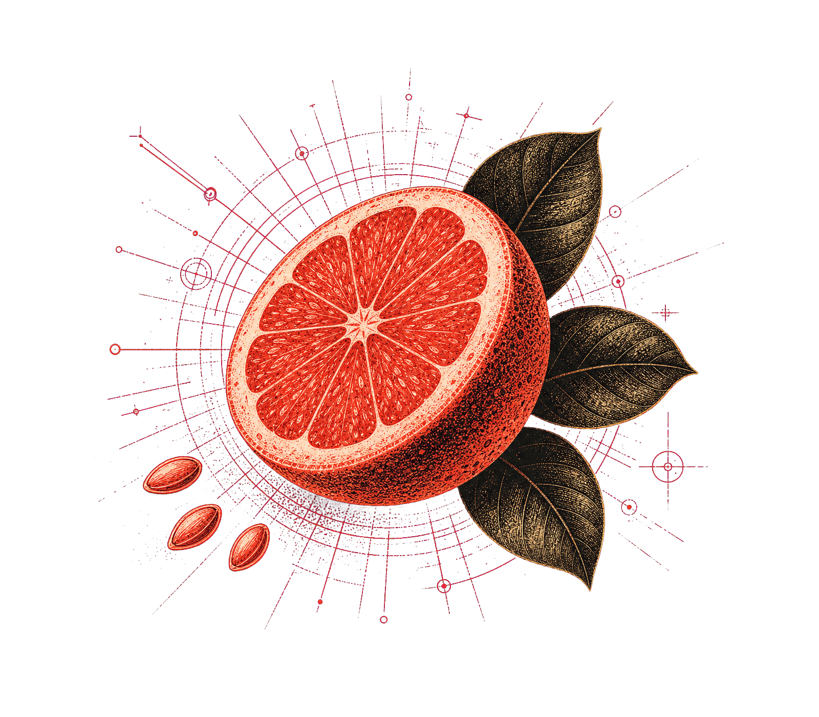 Etched grapefruit with botanical and technical drawing marks