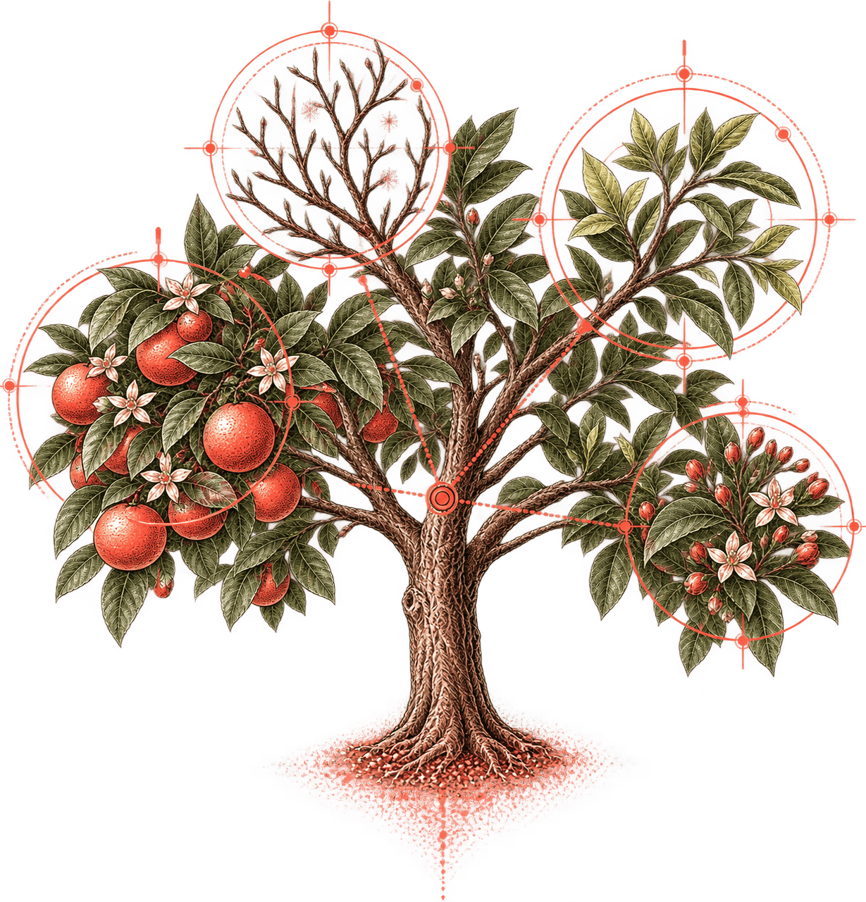 One citrus tree carrying four states at once on different limbs — ripe fruit, bare twig, new leaf and unopened bud — each circled and connected back to the trunk