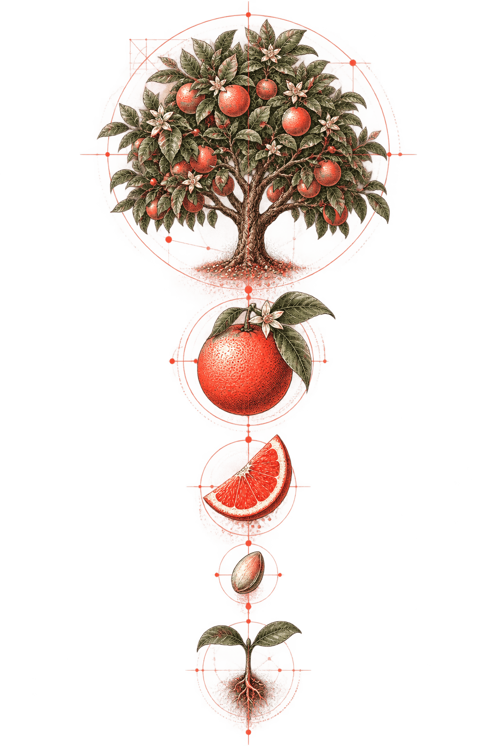 One citrus organism drawn at five descending scales — grove tree, whole fruit, cut segment, seed, sprout — joined in a single column by fine leader lines