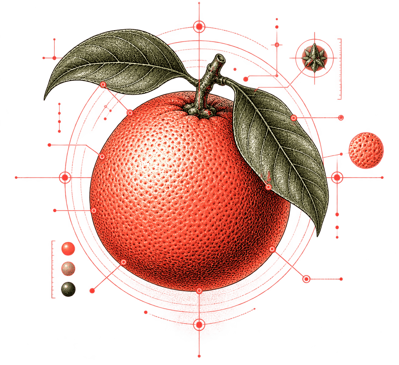 A whole, uncut grapefruit. Technical measuring marks approach from every side and stop cleanly at the rind without crossing it