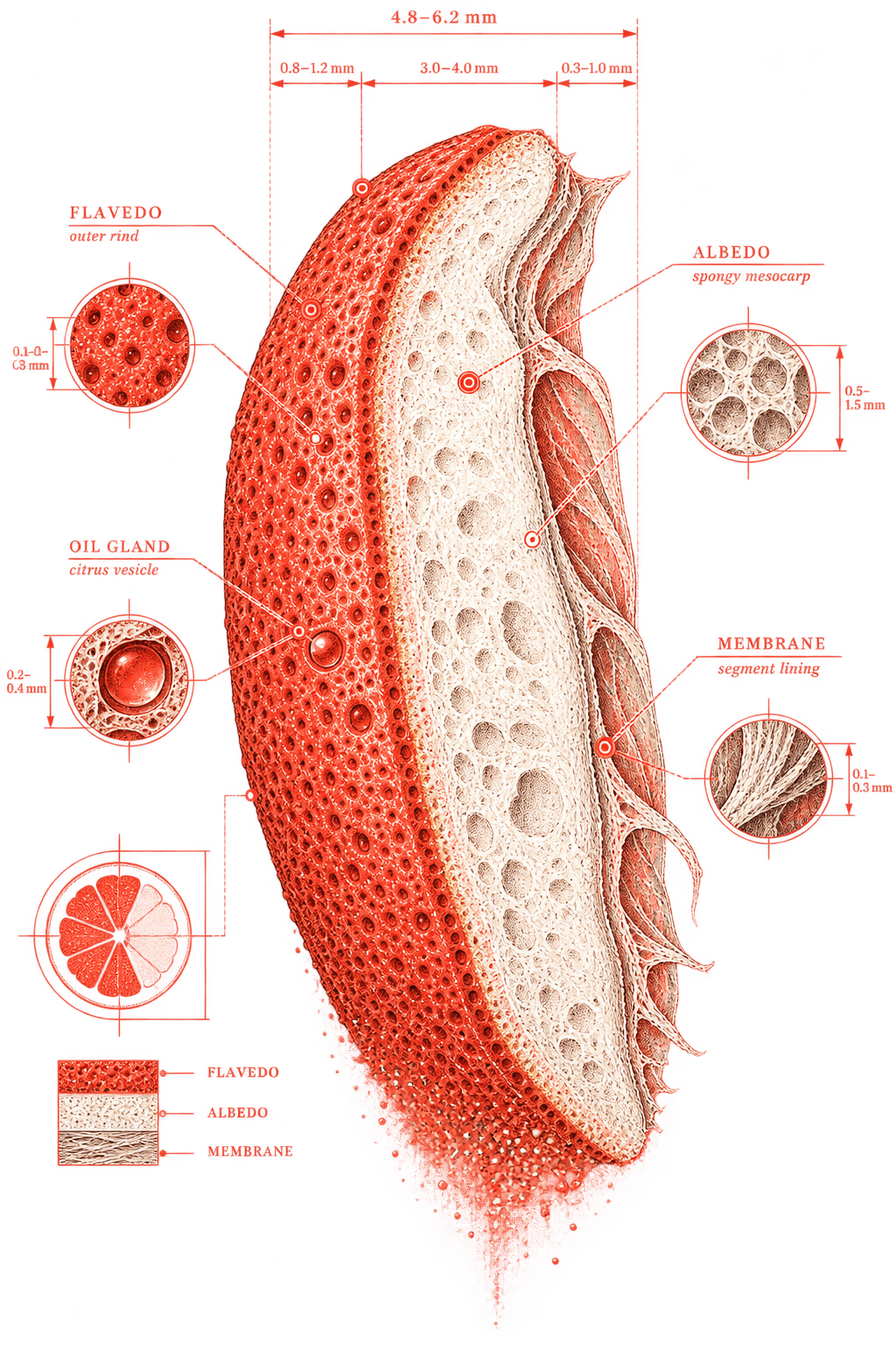 A citrus rind drawn as a technical section detail, its flavedo, albedo and membrane layers measured in profile with dimension lines