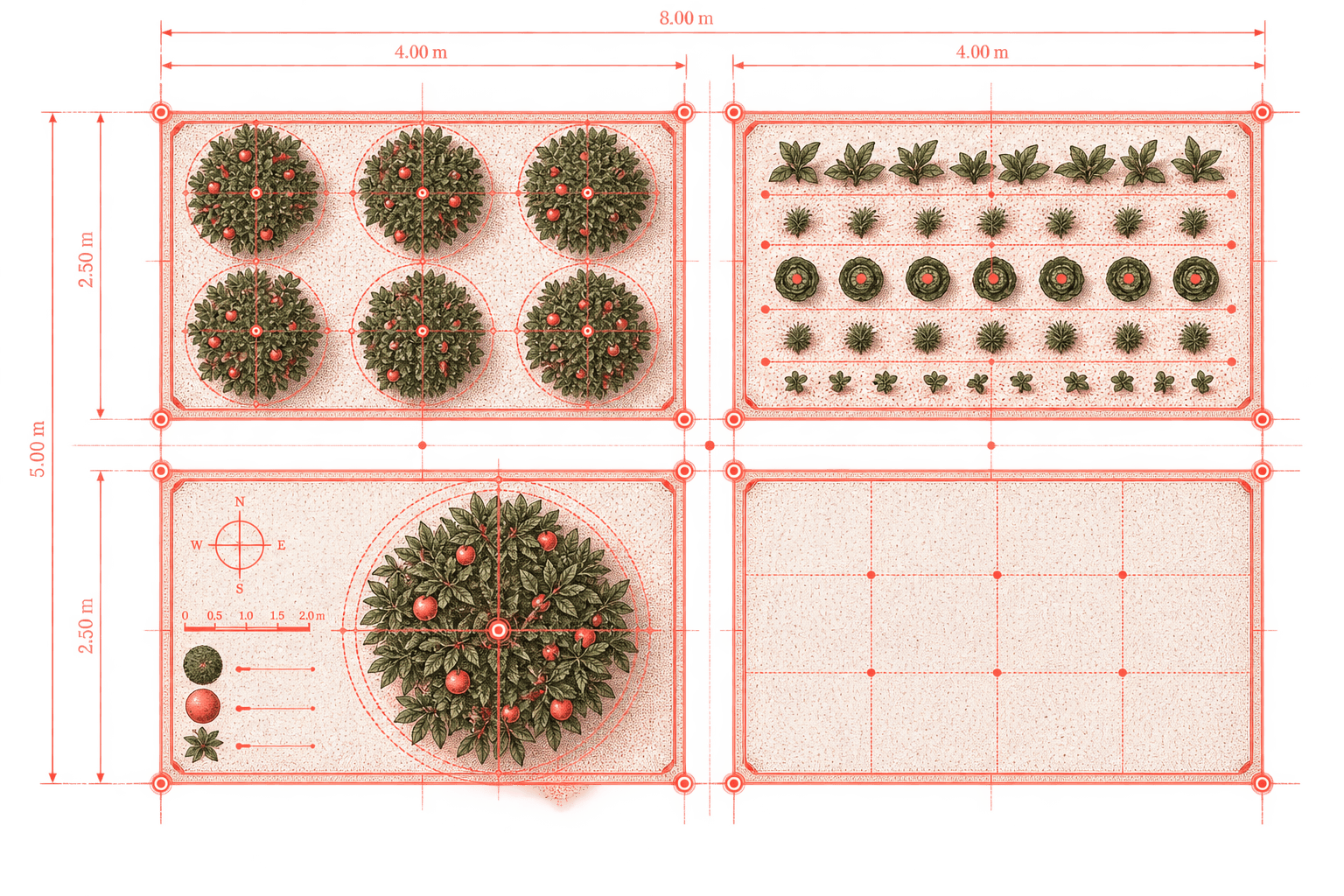 A planting plan seen from above: four beds on a measured grid holding tree crowns, seedling rows and a single crown, with the fourth bed left empty